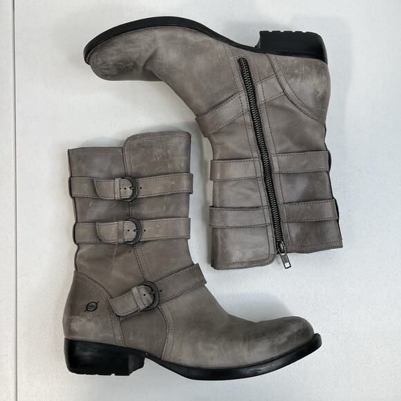 Born Size 8 Mariette Boots Gray Leather Buckle Moto Punk Grunge Boho Mid Calf - Picture 3 of 11